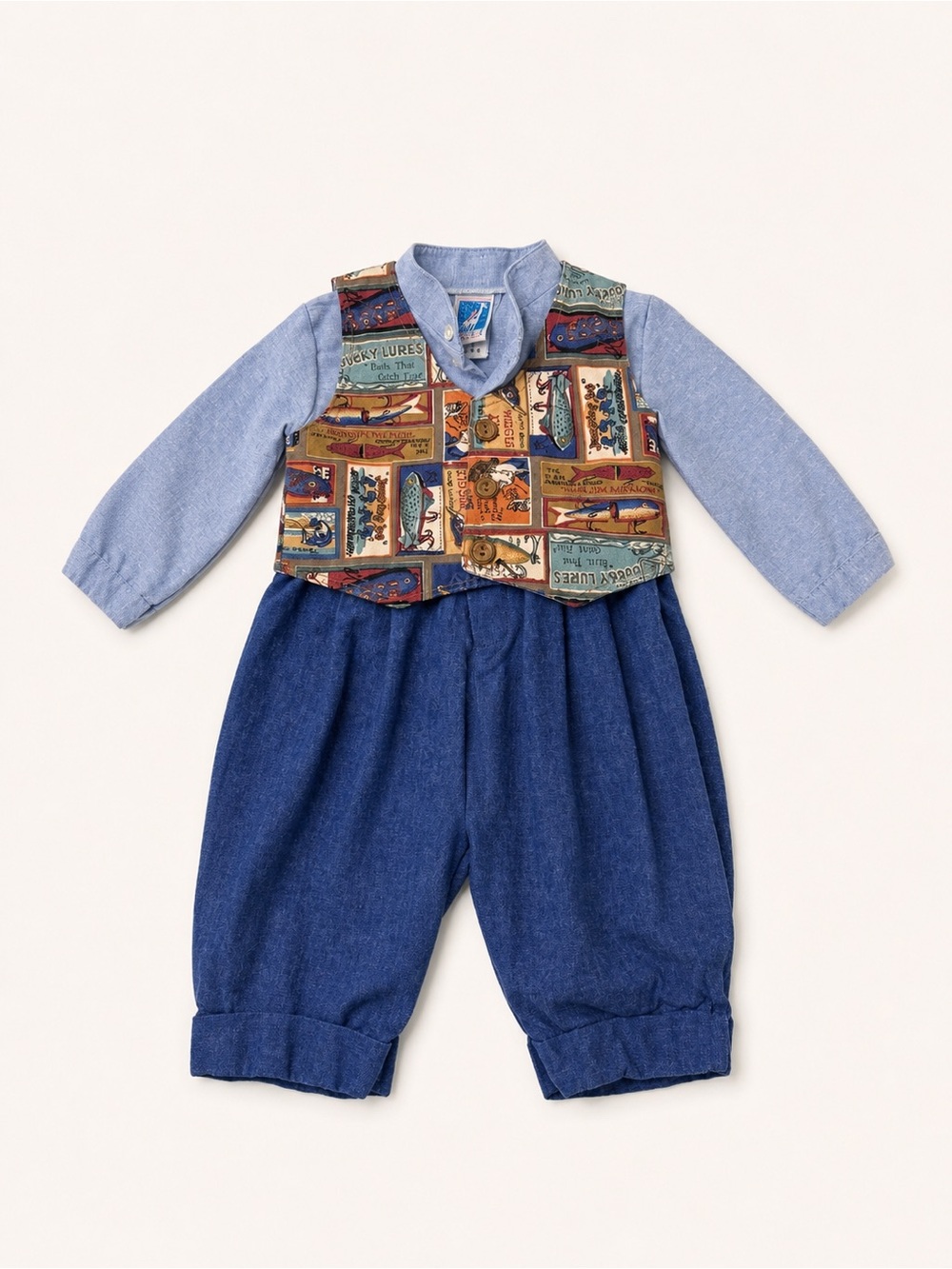 Vintage Toddle TYKE Blue Fishing-Print one piece with Chambray Shirt Vest